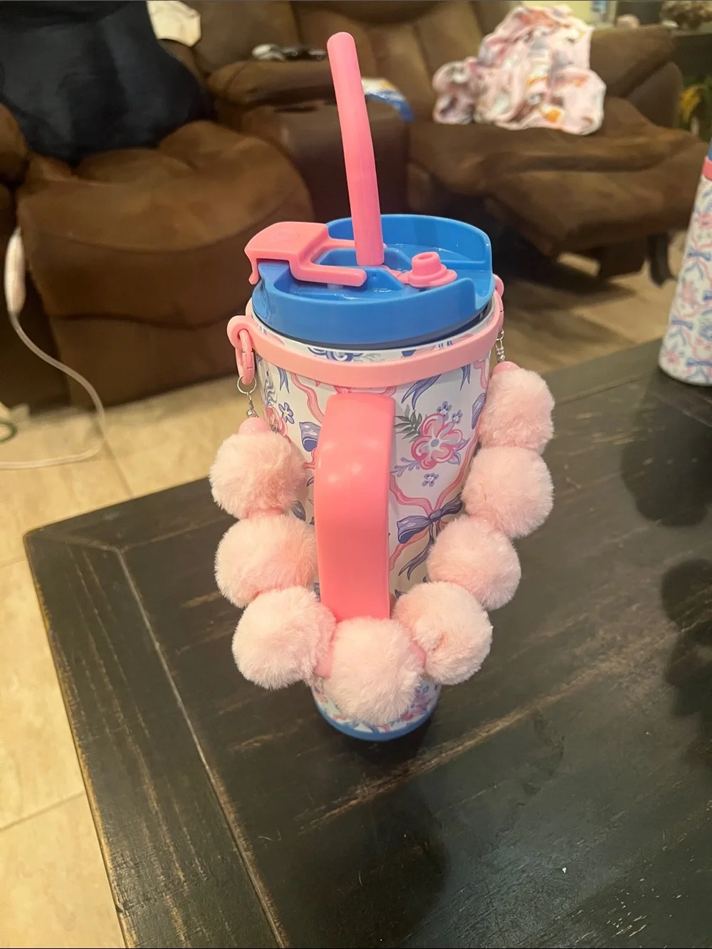 Simply Belle Pink & Blue Floral Insulated Tumbler with Pom Handle